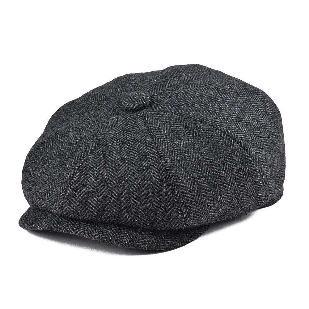 Czapka typu newsboy BOTVELA z wełny tweedowej, 8 paneli, czarna, wzór jodełki, męska klasyczna czapka z 8 panelami, damska czapka beret.