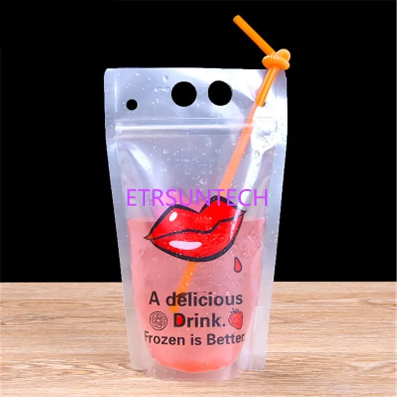 1000Pcs/Lot 500ml New Design Plastic Drink Packaging Bag Pouch for Beverage Juice Milk Coffee, with Handle and Holes for Straw
