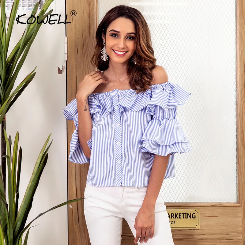 Off Shoulder Sexy Blouse Vrouwen Flare Mouw Ruches Casual Blouse Shirt 2018 Gestreepte Herfst Half Mouwen