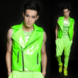 Hot New DS Fashion Mens Brand Vests Stage Singer Clothing Male Neon Green Super Motorcycle Vest Men Clothing Costume Coat M-3XL