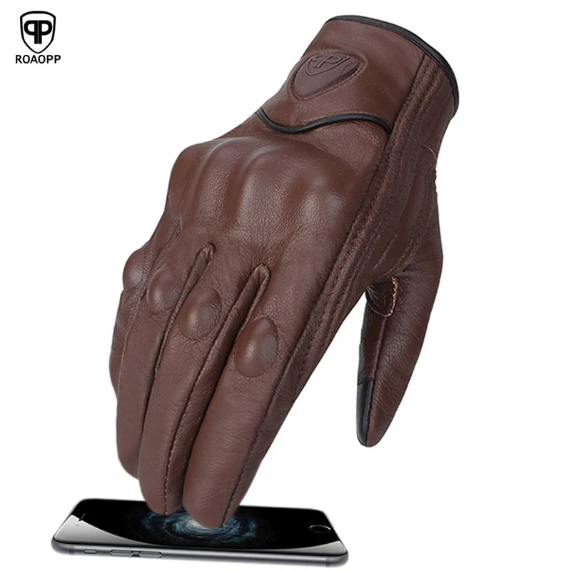 Retro Motorcycle Gloves Leather Winter Full Finger Motorcycle Gloves Waterproof Women Men Touch Screen Racing Motorcycle Glove