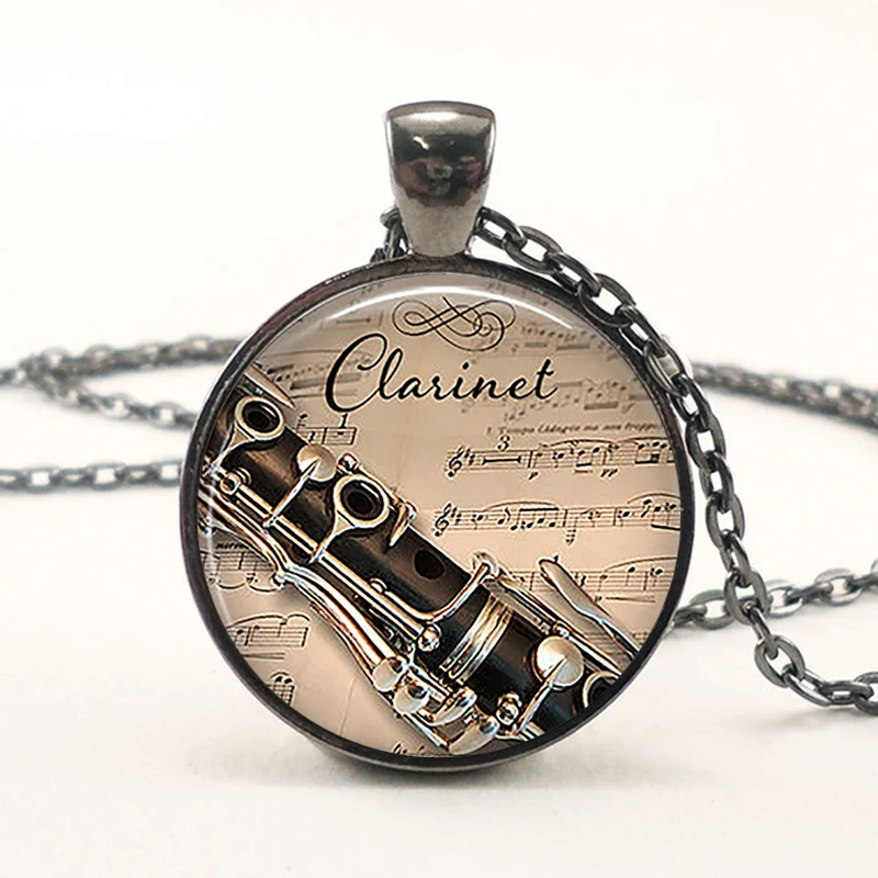 Fashion Clarinet Music Pendant Glass Cabochon Dome Necklace Jewelry Music Lover Clarinet Player Gift for Women Girl Christmas