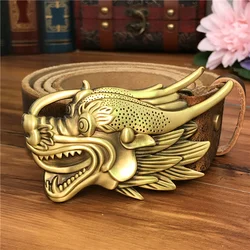Brass Dragon Belt Buckles For Men Leather Belt Ceinture Homme Yellow Belt Cowboy Male Strap  Wide Jeans Belts For Men MBT0525