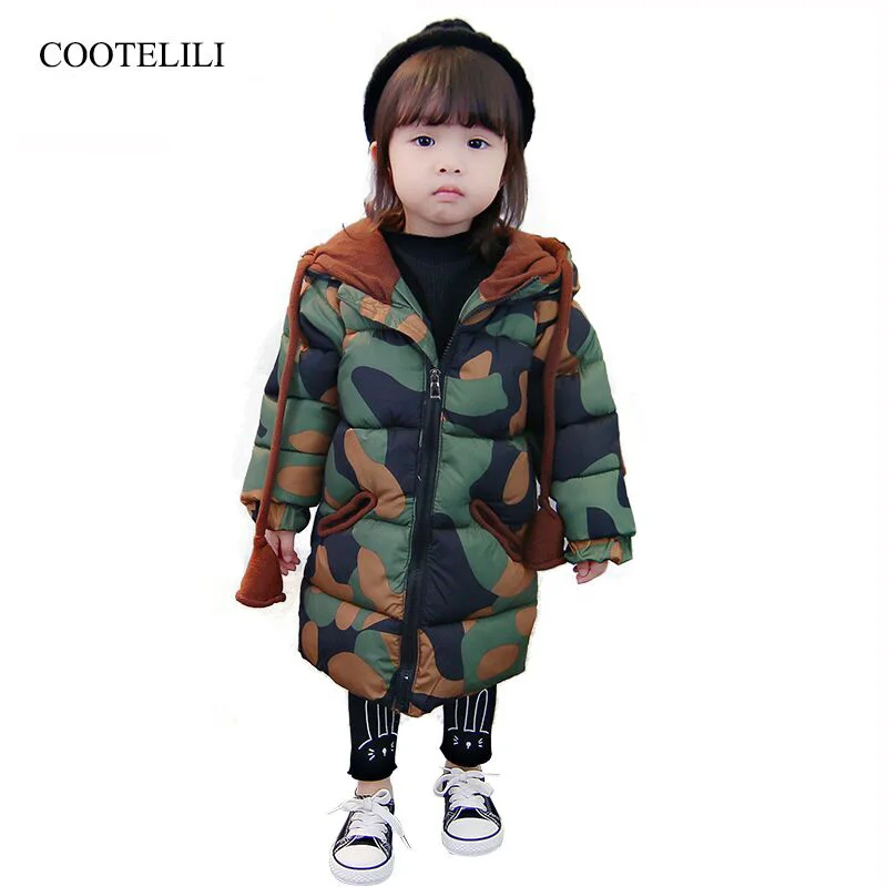 COOTELILI 73-120cm  Fashion Camouflage X-long Winter Jackets Girls Hooded Warm Thicken Coat For Boys Windproof Kids Clothes