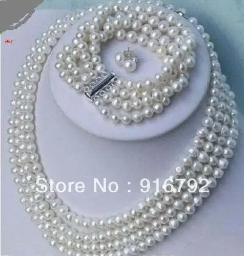 

Wholesale PERFECT 4row 6-7 mm Tahitian white pearl necklace bracelet earrings set