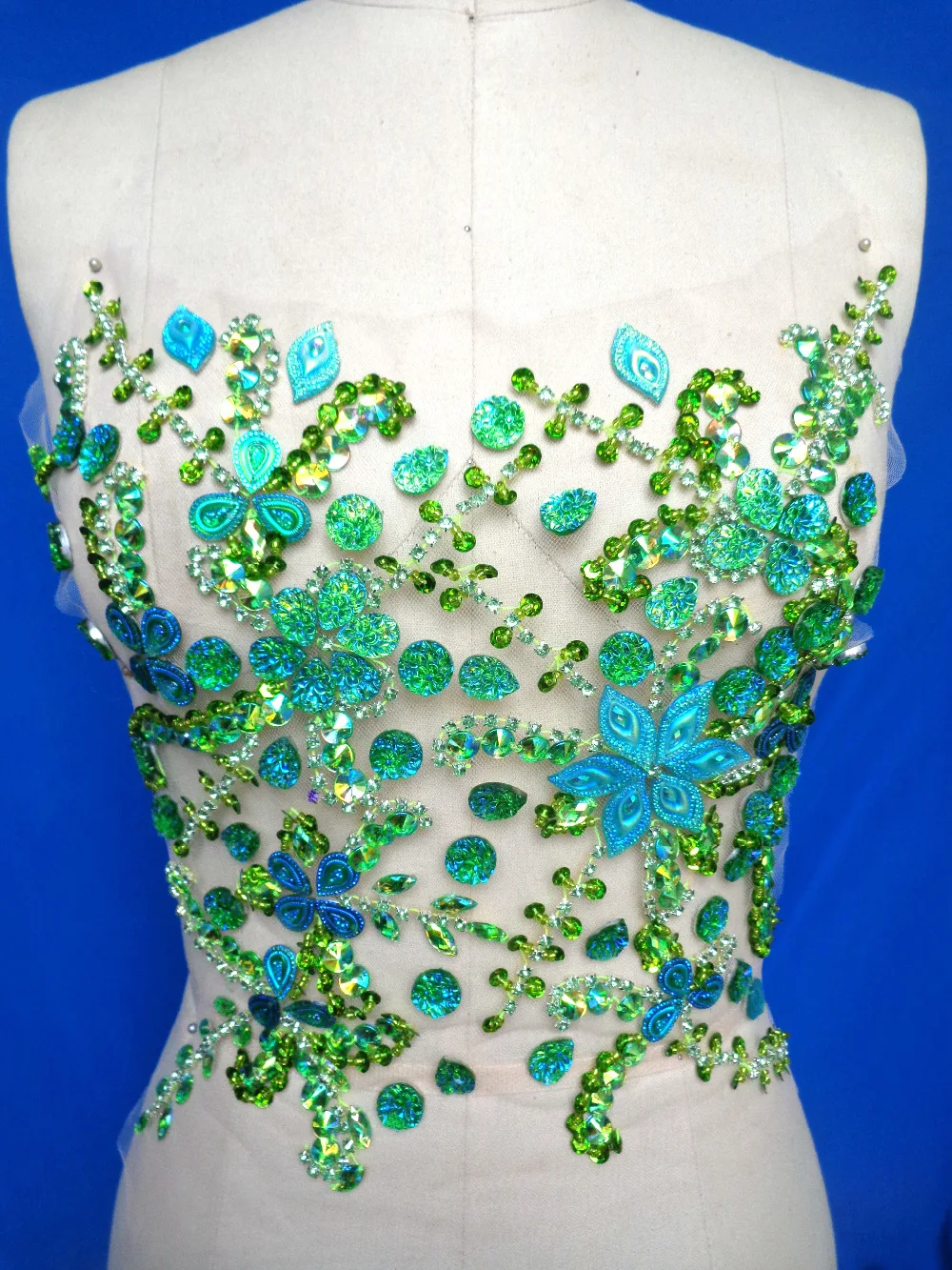 A86 Handmade green Rhinestones applique sew on crystal patches trim with stones sequins beads 31*27cm  for  dress