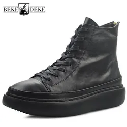 New High Top Mens Platform Shoes Zip Genuine Leather  Boots Med Heels Hip Hop Lace Up Punk Trainers Bikers Ankle Boot