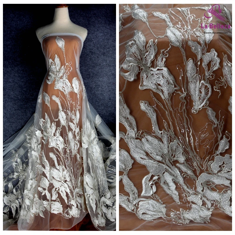 La Belleza off white silver thread mixed with sequins on mesh embroidery  large leaves wedding dress lace fabric 1 yard