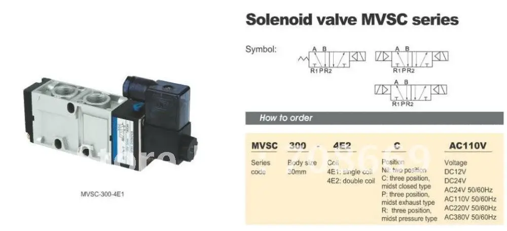 

MVSC300-4E2C 110V AC 5Port 3Pos 1/2" BSP Solenoid Air Valve Dual Coil Led