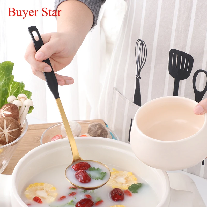 1PCS Long Handle Matt Blue Spoons Set Stainless Steel Gold Soup Ladle Spoon Colander Set High Quality Soup Spoons Kitchen Tools