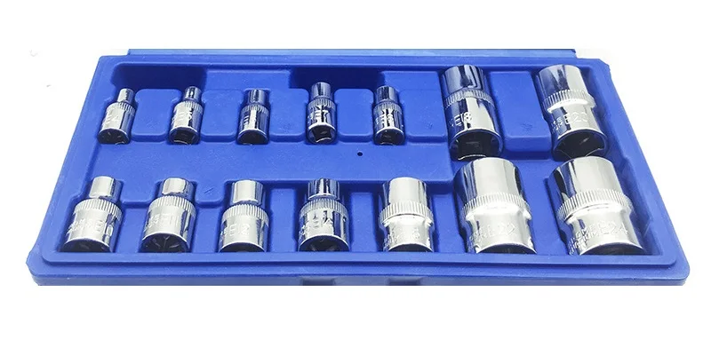 New 14pcs/set 1/4 inch 3/8 inch 1/2 inch Torx Star Bit Female E Socket Set E4 E5 E6 E7 E8 E10 E11 E12 E14 E16 E18 E20 E22 E24