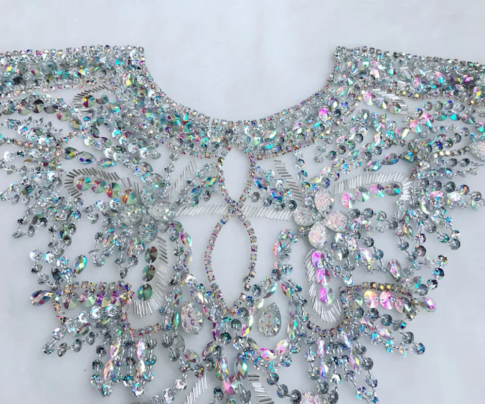 DazingHandmade clear AB colour crystal patches  Sequins  Rhinestones applique on white mesh 38*32cm for top dress skirt