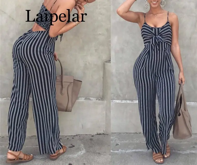 Elegant Striped  Spaghetti Strap Rompers Womens Sets Sleeveless Backless Bow Casual Wide legs Jumpsuits Leotard Overal