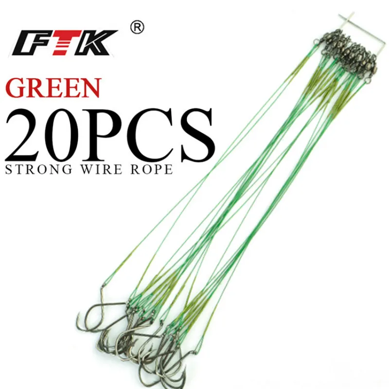 FTK 20PCS 20cm Stainless Steel Wire Fly Fishing Leash With Hook Core 40-80LB Pike Anti-bite Leashes For Fishing Line Leader