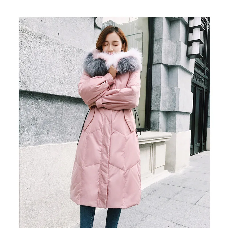 2019 Winter Jacket Women Fashion Colorful Big Fur Collar Hooded Cotton Jacket Coat Women Over The Knee Long Thick Parka Femme