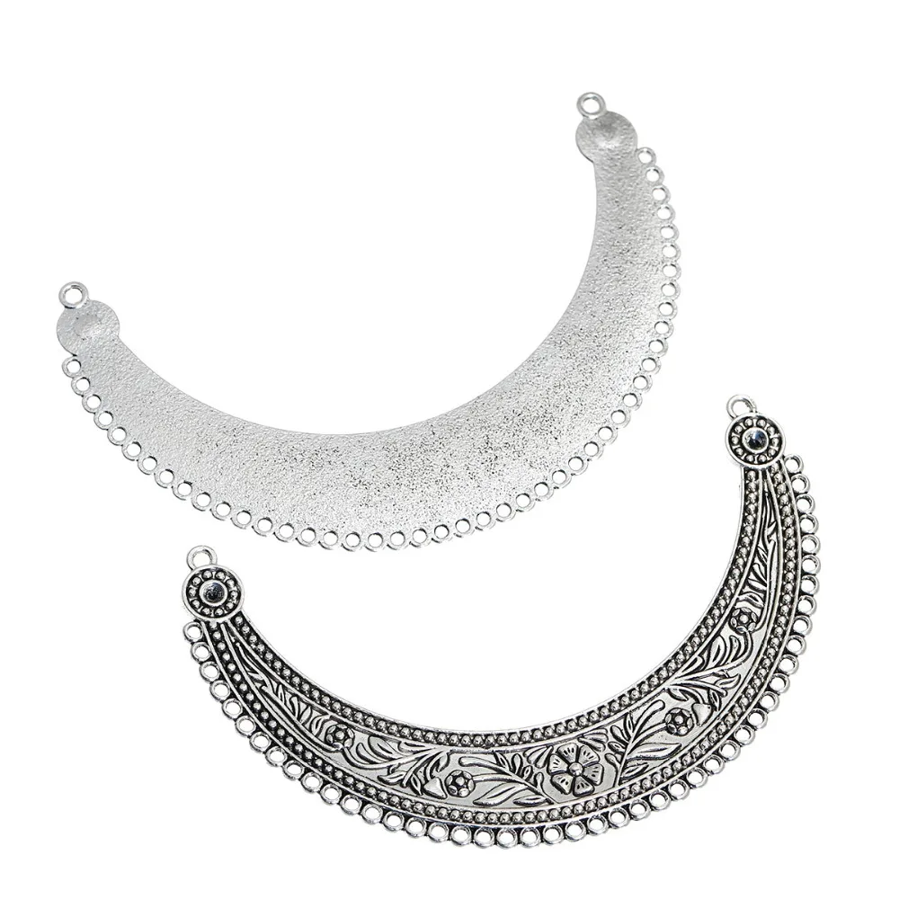 DoreenBeads Metal Connectors Findings Half Moon Silver Color Flower Carved (Can Hold ss16 Rhinestone) 11.2x7cm 2 PCs