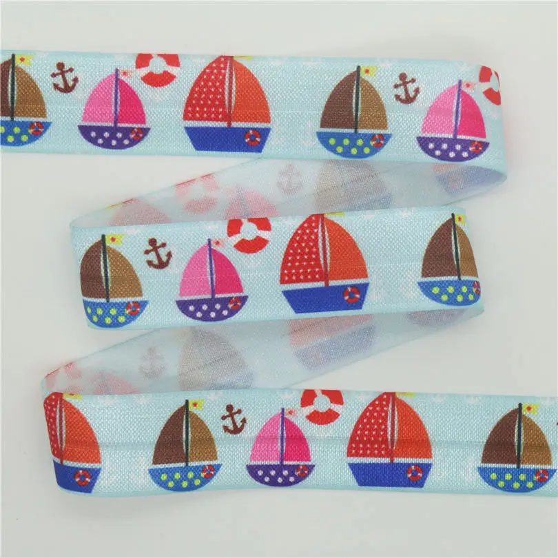 DUWES 1''  Fold Elastic FOE Sea horse boat animals printed headband headwear diy decoration wholesale OEM 25mm D649