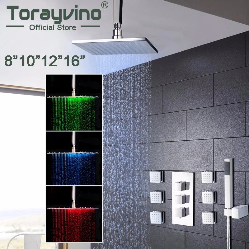 Torayvino Bathroom 8 10 12 16 inch LED Chrome Shower Faucet Set Thermostatic Valve Mixer Tap W/ 6 Message Jets Shower Set