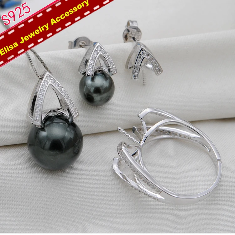 3Pieces Pearl Jewelry Set Components S925 Sterling Silver Pendant Holder+Earrings Settings+Rings Findings 2Sets/Lot