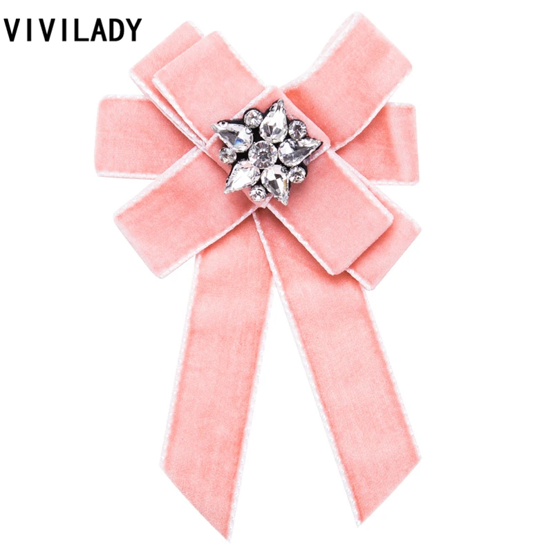 VIVILADY Fashion Handmade Velvet Bowknot Brooch Statement Crystal Breastpin Pin Women Cravat Tie Bijoux Jewelry Party Gifts