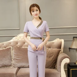 Thai Spa Clothing Plus Size Elegant Women Work Suit Hotel Beauty Salon Uniform Front Desk Top And Pants Sets Free Shipping