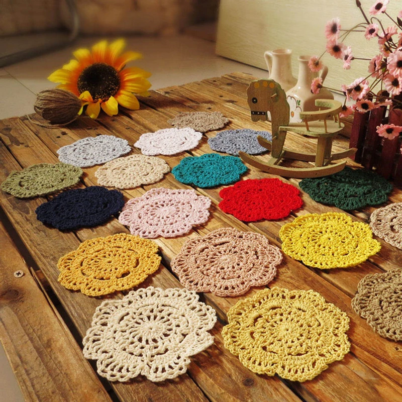 Retro Crochet Coasters Table Mat 10cm Round Handmade Mori Doilies Cup Pad Shooting Props Flower Lampshade 12pcs Wholesale