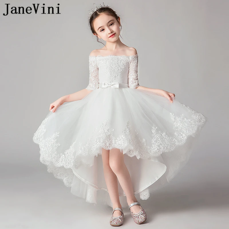 Janeini vestido branco com flores baixas, enfeite no pescoço barco, apliques de renda, vestido de princesa, roupa de aniversário, 2019