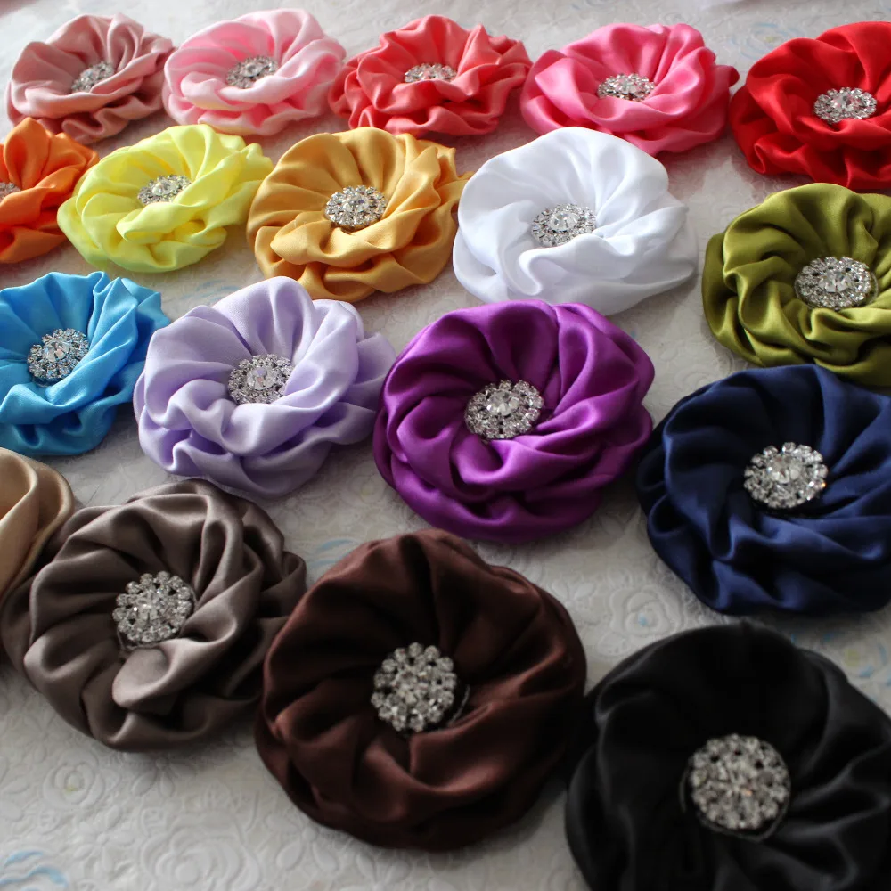 Matte Satin Rolled Flower rhinestone center Rose Flower for headband 120pcs