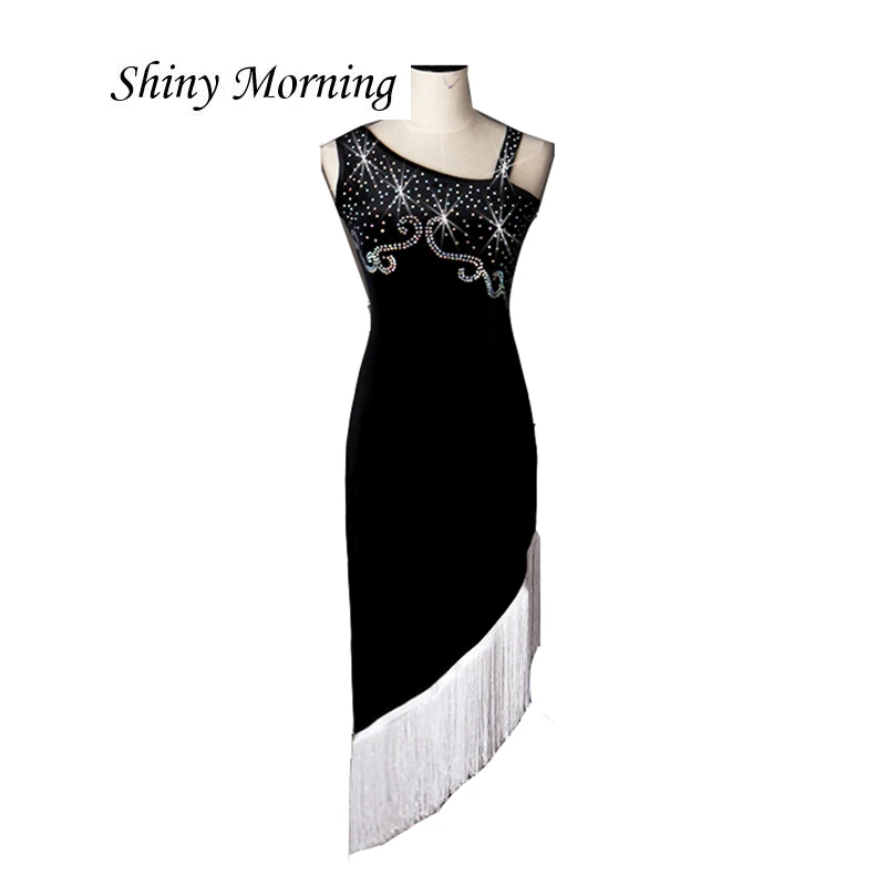 

Lady performance dress Women latin dance clothes latin dance dress girls stones tassel latin dance dresses black white lq026