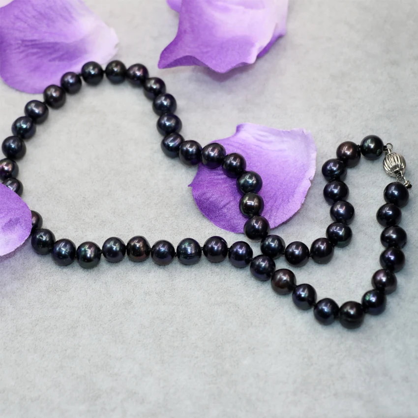 Wholesale price elegant 9-10mm natural freshwater cultured black pearl approx round beads necklace women jewelry B18inch B3021