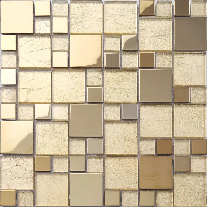 

Factory Directly European Square Golden Stainless Mixed Glass Mosaic Tile for Kithchen Backsplash Bathroom Wall Decoration