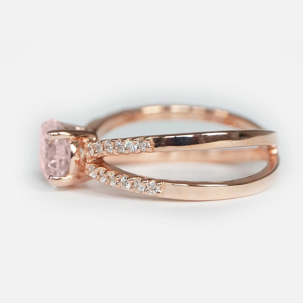 Morganite Engagement Ring 6mm 0.8ct Solid 14k Rose gold ,Round Cut Genuine Halo Natural Diamond Bridal Set Trendy Jewelry