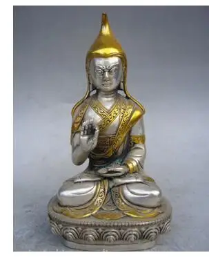 carved totem 13 cm * /China Tibet collection silver plated gold Tsongkhapa Buddha statue Art Bronze sculpture home decoration