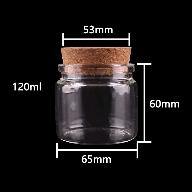 12pcs 65*60*53mm 120ml Transparent Glass Bottles with Cork Stopper Empty Spice Food Nuts Storage Bottles Jars Gift Crafts Vials