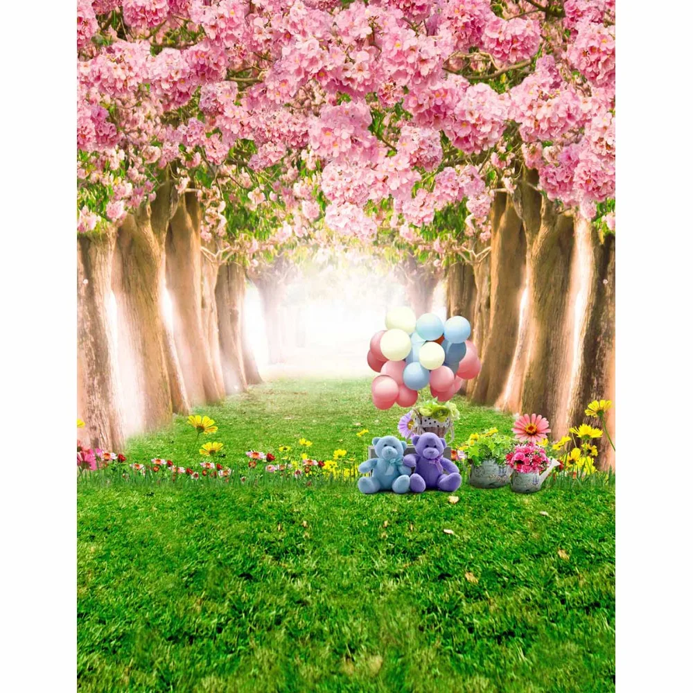 Allenjoy-telón de fondo fotográfico para niños y niñas, accesorios de decoración de primavera y Pascua, globo de oso, hierba, flor, árbol, pancarta Digital