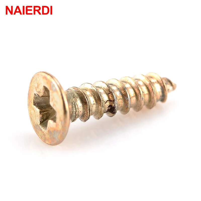 100PCS NAIERDI 2x6/8/10mm Screws Nuts Golden M2 Flat Round Head Fit Hinges Countersunk Self-Tapping Screws Wood Hardware Tool