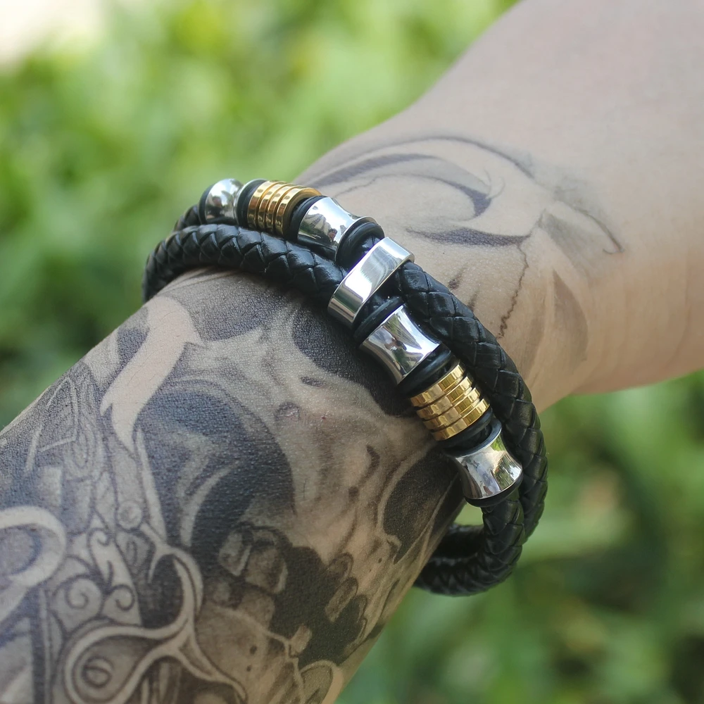 TYO خمر أسلاك الفولاذ المقاوم للصدأ الجلود الذكور أساور أساور للرجال طبقة مزدوجة نمط هندسي مزيج أساور