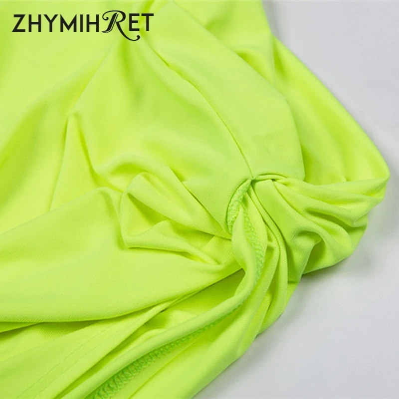 ZHYMIHRET 2023 Summer Neon Color Two Piece Set Dress For Women One Shoulder Tops Side Ruched High Split Dress Bandange Vestidos