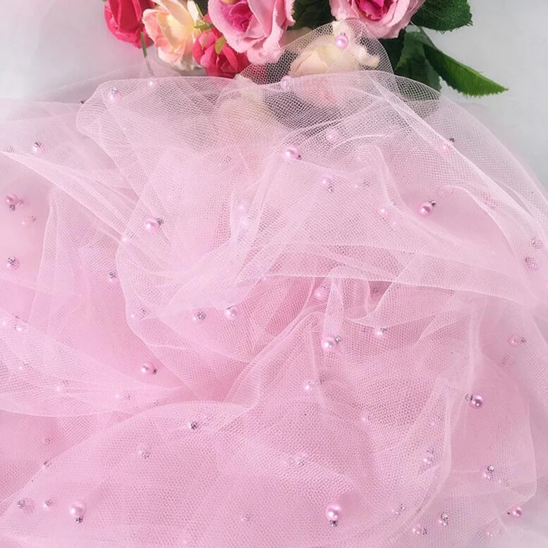 1 Yard Ricamato da sposa tulle maglia lace trim con perle 140 CM di larghezza tessuto per abiti in bianco rosa e Nero colore