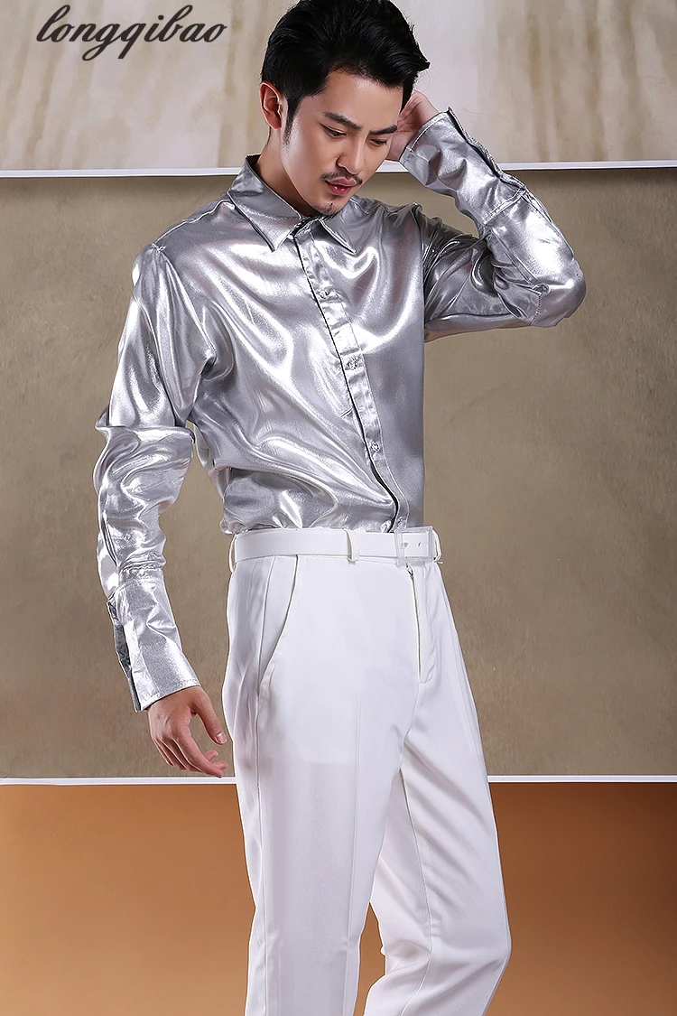 Men's Stage Performance Silver Gold Shiny Blouse Dinner Party Chorus Photography Studio Shirt HF305