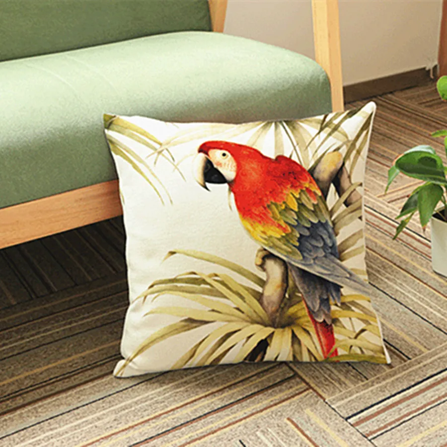 Colorful Parrot Style Cotton Linen Chair Pillowcase Vintage Watercolor Birds Pattern Sofa Decorative Cushion Cover cojines