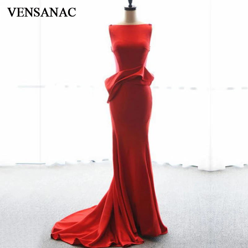 

VENSANAC New Mermaid Ruffles Boat Neck Long Evening Dresses Tank Sleeveless Elegant Sweep Train Party Prom Gowns