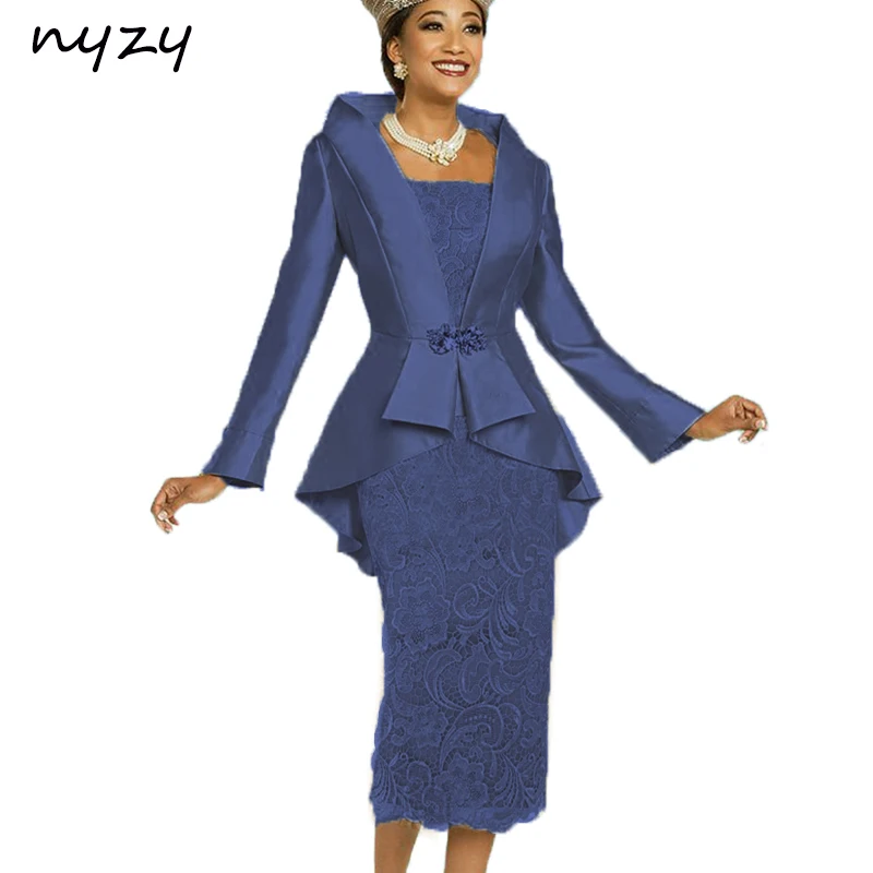 NYZY M23 Personalizado Elegante Chá Comprimento 2 Peças Mãe da Noiva Vestidos com Jaqueta Festa de Casamento Noivo Mãe Vestido de Renda