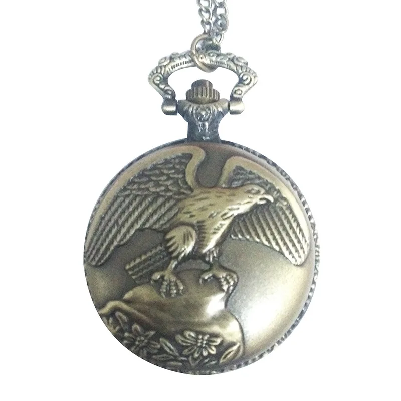 Bronze Vintage Dapeng Wings Classic White Face Quartz Pocket Watch Flip Eagle with Necklace