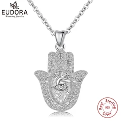 EUDORA 925 Sterling Silver Evil Eye Hamsa Hand Pendant Necklace For Men Women Angel Caller Fine Jewelry for dropshipping CYD312