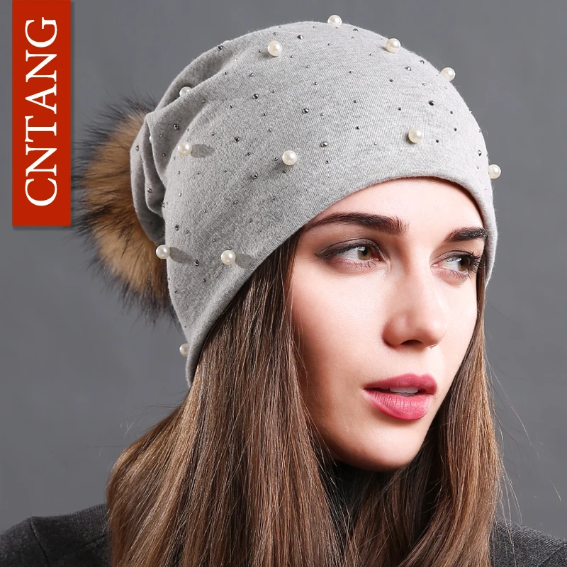 CNTANG 2024 Women\'s Fashion Hat Autumn Winter Rhinestones Pearl Hats Female Beanies Natural Raccoon Fur Pompom Cotton Warm Caps