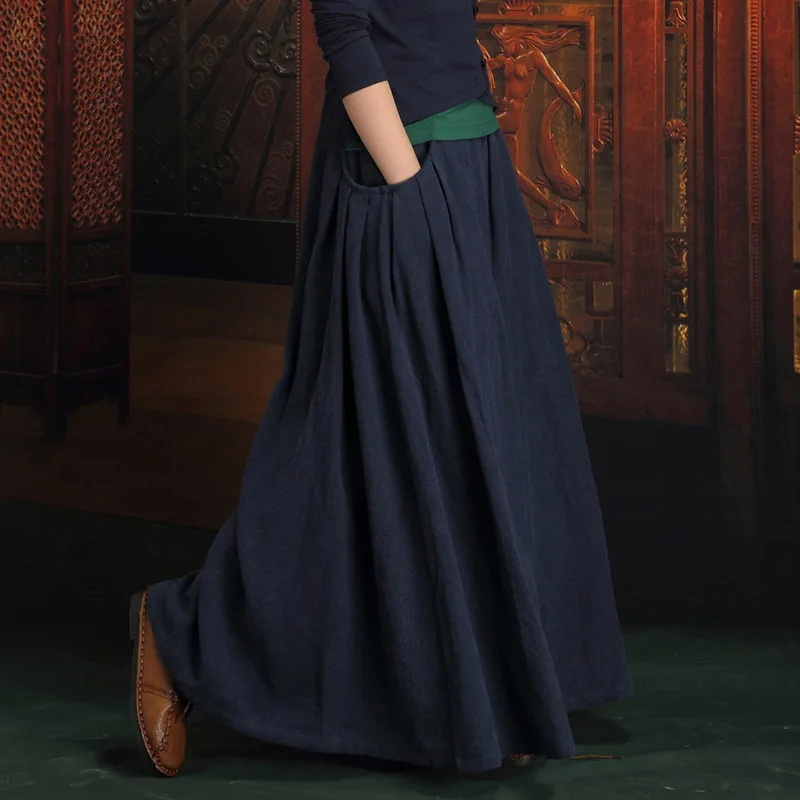 Autumn and Winter Female Vintage Casual Plus Size 6XL 7XL Thick Cotton Linen Folds Long Skirts for Womens Skirt with Pocket