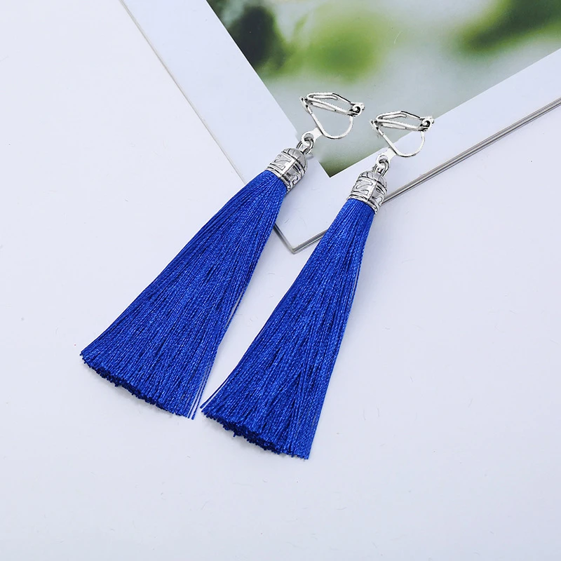 GRACE JUN Hot Sale Long Style Tassel Clip on Earrings No Pierced for Women Luxury Fashion Bohemain Ethic Charm Jewelry Ear Clip