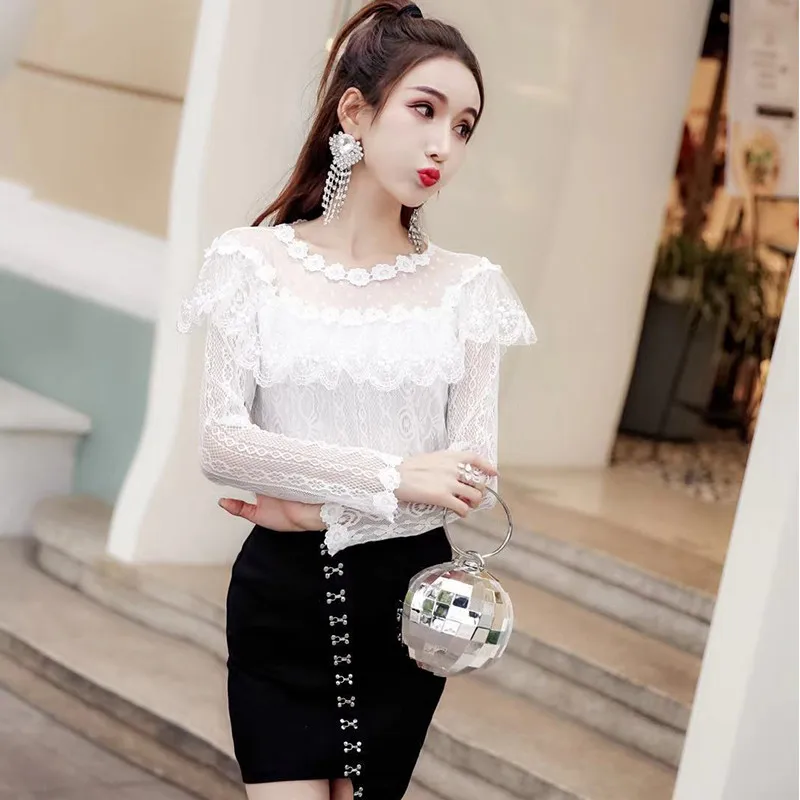 Spring Autumn Women Long Sleeve Shirt Sweet Ruffles Floral Lace Blouse Female Hollow Out Mesh Blouses Blusas Short Tops AB1315