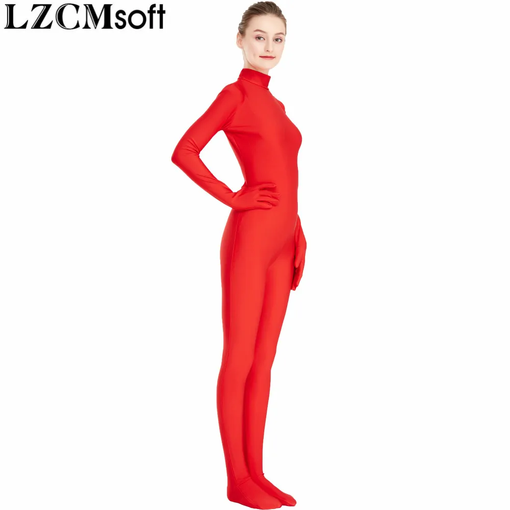 LZCMsoft Womens Mock Neck Black Full Body Suits Footed Unitards Adult Spandex Nylon Skin Tights Bodysuits Performance Catsuits